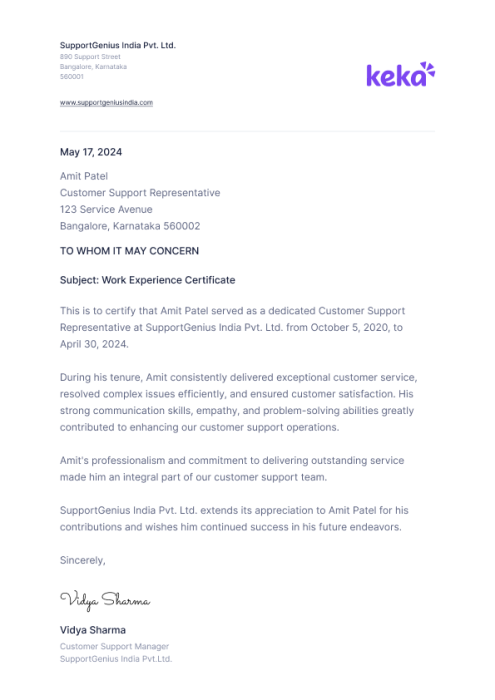 Experience Letter Format: 10 Free Templates & Samples 2025 | Keka